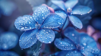 Close-up view of refreshing dew drops adorning the delicate petals of blue hydrangea flowers in soft light.