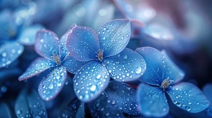 Schilderijen op glas Close-up view of refreshing dew drops adorning the delicate petals of blue hydrangea flowers in soft light. © Praphan