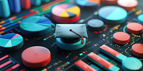 Education sector statistics background. Data visualization of student enrollment, graduation rates, and educational attainment. Education reform concept