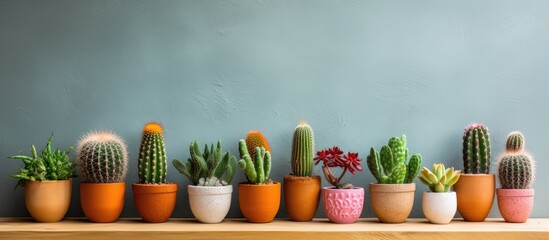 A straight row of various cacti and succulents in pots placed neatly on a rustic wooden shelf. The plants are thriving and adding a touch of greenery to the indoor space. - obrazy, fototapety, plakaty