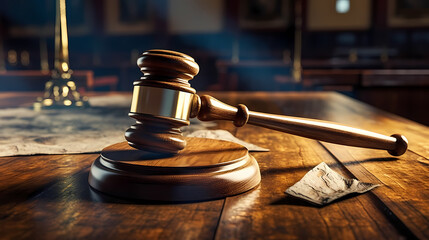 Judge hammer on wooden table background justice concept