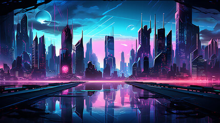 A vector image of a futuristic cyberpunk city skyline with neon lights.