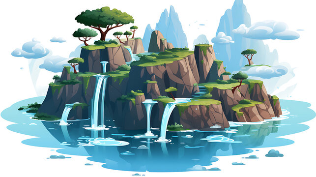 A vector image of a floating island with waterfalls.