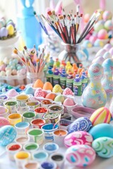 Fototapeta na wymiar A Colorful and Joyful Children's Easter Craft Table Setup Overflowing with Paints, Brushes, Eggs, and Bunny Decorations