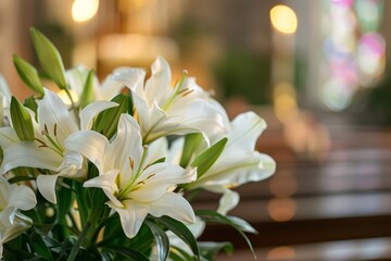 A Serene and Divine Close-up View of Easter Lilies Gracing the Altar, Symbolizing Purity and Resurrection