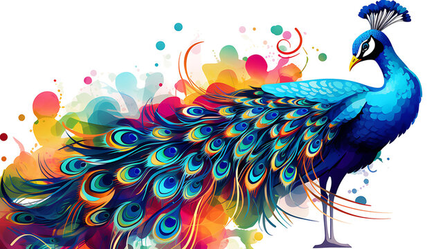 A vector image of a graceful peacock with vibrant feathers.