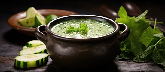 A bowl of cucumber gazpacho soup topped with fresh mint leaves, onion, and a drizzle of olive oil, served in a ceramic cup on a rustic iron background.