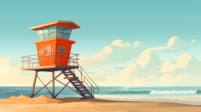 A vector image of a lifeguard tower on a sandy beach.