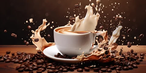 Fotobehang Splash of cappucino coffee on cup and beans © Влада Яковенко