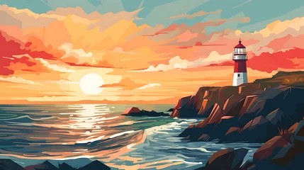 Tuinposter A vector image of a lighthouse overlooking the sea. © Tayyab