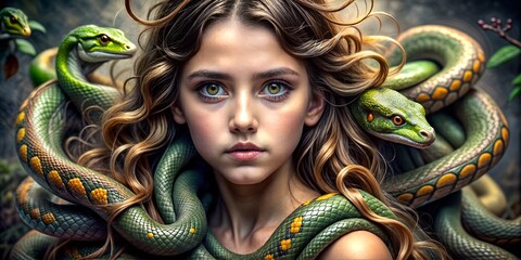 Gorgon girl, with snakes in the hair, illustration - obrazy, fototapety, plakaty