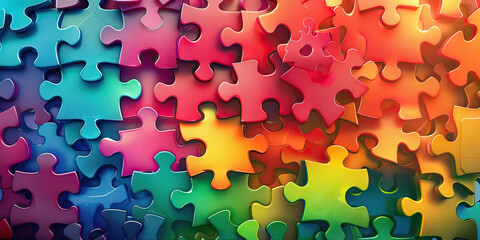 Interlocking puzzle pieces pattern background. Abstract jigsaw puzzle texture with vibrant colors. Creative problem-solving concept