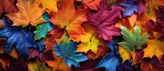 A variety of vibrant leaves have fallen to the ground, creating a colorful carpet of reds, yellows, oranges, and browns. The leaves are scattered across the floor, creating a picturesque scene that