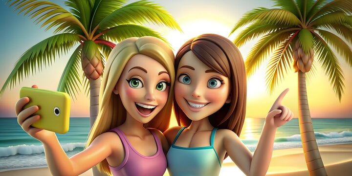 two teen girl friends relax and take selfies on vacation on a tropical island
