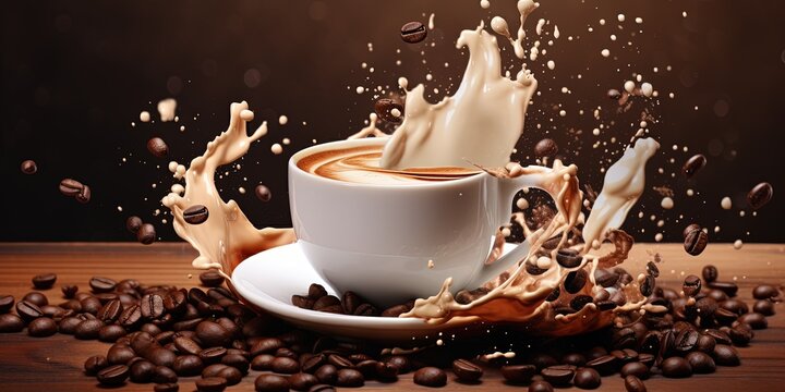 Splash of cappucino coffee on cup and beans