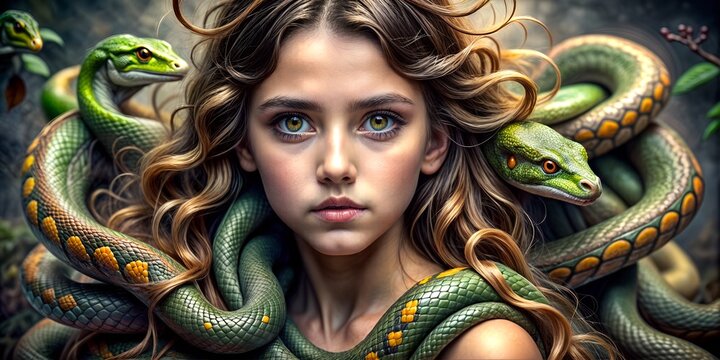 Gorgon girl, with snakes in the hair, illustration