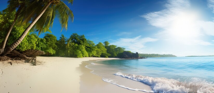 The painting depicts a beach scene with palm trees standing tall against the sunny sky. The white sand sparkles, and lush green tropical plants line the shore.