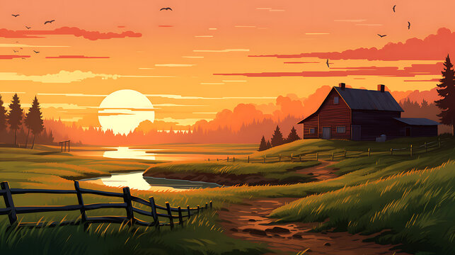 A vector image of a peaceful countryside farm at sunrise.