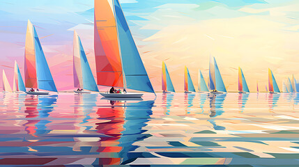 A vector image of a sailing regatta with colorful sails. - obrazy, fototapety, plakaty