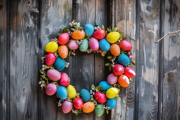 Obraz premium A Vibrant Easter Egg Wreath Adorning a Rustic Wooden Door, Welcoming Spring with a Burst of Color and Joy