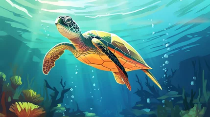 Deurstickers A vector image of a sea turtle swimming in the ocean. © Tayyab