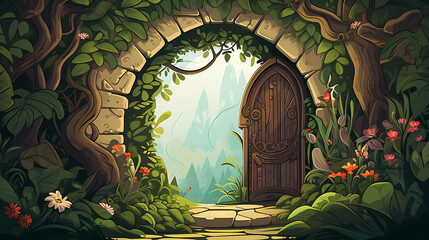 A vector image of a secret garden hidden behind a magical door. - obrazy, fototapety, plakaty
