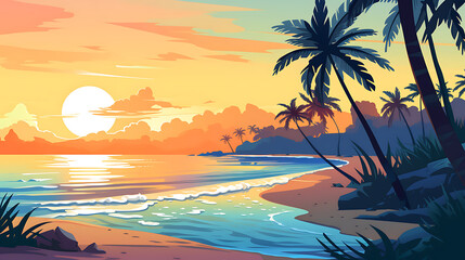 Fototapeta na wymiar A vector image of a serene beach with palm trees.