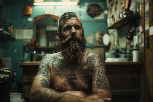 A man with a beard and tattoos sits in a barbershop