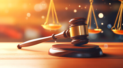 Close-up of gavel on judge's table with golden details symbolizing law, justice and court authority