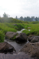 A small rocky river with clear water and green meadow.