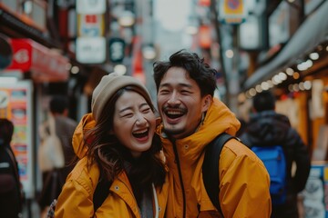 Fototapeta premium A couple is smiling and laughing in a busy city street