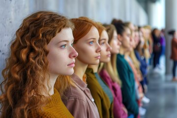 Naklejka premium A group of women sit in a row, some with long hair and some with short hair