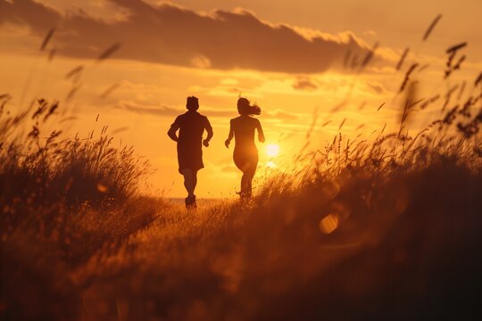 Two people running in a field with a sunset in the background