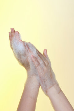 Hygiene. Cleaning Hands. Washing hands with soap bubbles