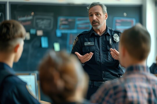 A police officer is talking to a group of students in a classroom