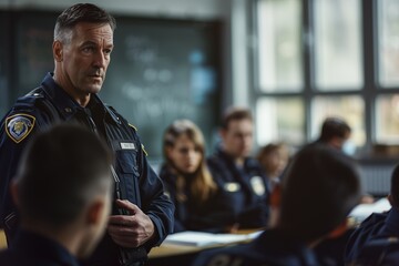 A police officer is standing in front of a group of people, possibly students