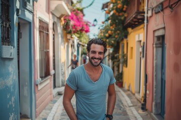 A man is smiling in front of a colorful building