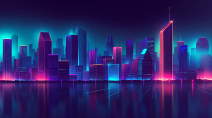 Fototapeta na wymiar Futuristic night city. Cityscape on a dark background with bright and glowing neon lights. panorama with modern buildings and skyscrapers. Cyberpunk and retro wave style.