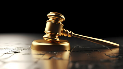 Close-up of gavel on judge's table with golden details symbolizing law, justice and court authority