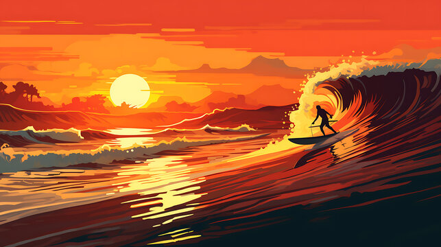 A vector image of a surfer catching a wave at sunrise.