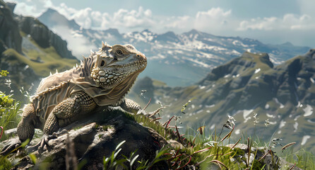 an lizard on top of the grass in the mountains