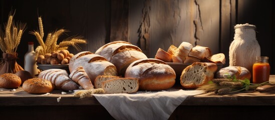 The image shows a table covered with an assortment of fresh bread, including loaves, baguettes, rolls, and buns. The bread is arranged neatly, showcasing its different shapes, textures, and crusts