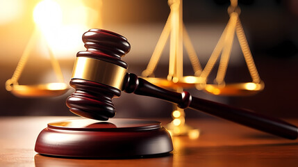 Close-up of gavel on judge's table with golden details symbolizing law, justice and court authority