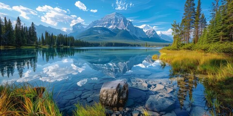 A breathtaking view of a crystal clear lake in Canada surrounded by green conifers with majestic snow-capped mountain peaks in the background.