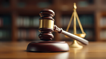 Close-up of gavel on judge's table with golden details symbolizing law, justice and court authority