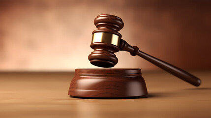 Close-up of gavel on judge's table with golden details symbolizing law, justice and court authority