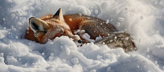 A majestic red fox, scientifically known as Vulpes vulpes, is laying down in the snow. The fox is surrounded by snowy footprints, blending into the white landscape. - obrazy, fototapety, plakaty