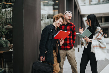 Fototapeta premium Casual outdoor meeting of business associates with documents and a conversational atmosphere in an urban setting.