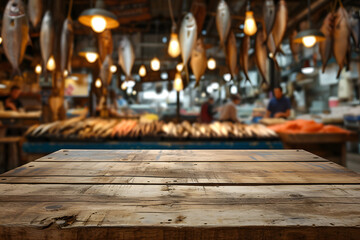 Wooden Tabletop with Blurred Fish Market Background - obrazy, fototapety, plakaty
