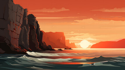 A vector representation of a coastal cliff at sunset. - obrazy, fototapety, plakaty
